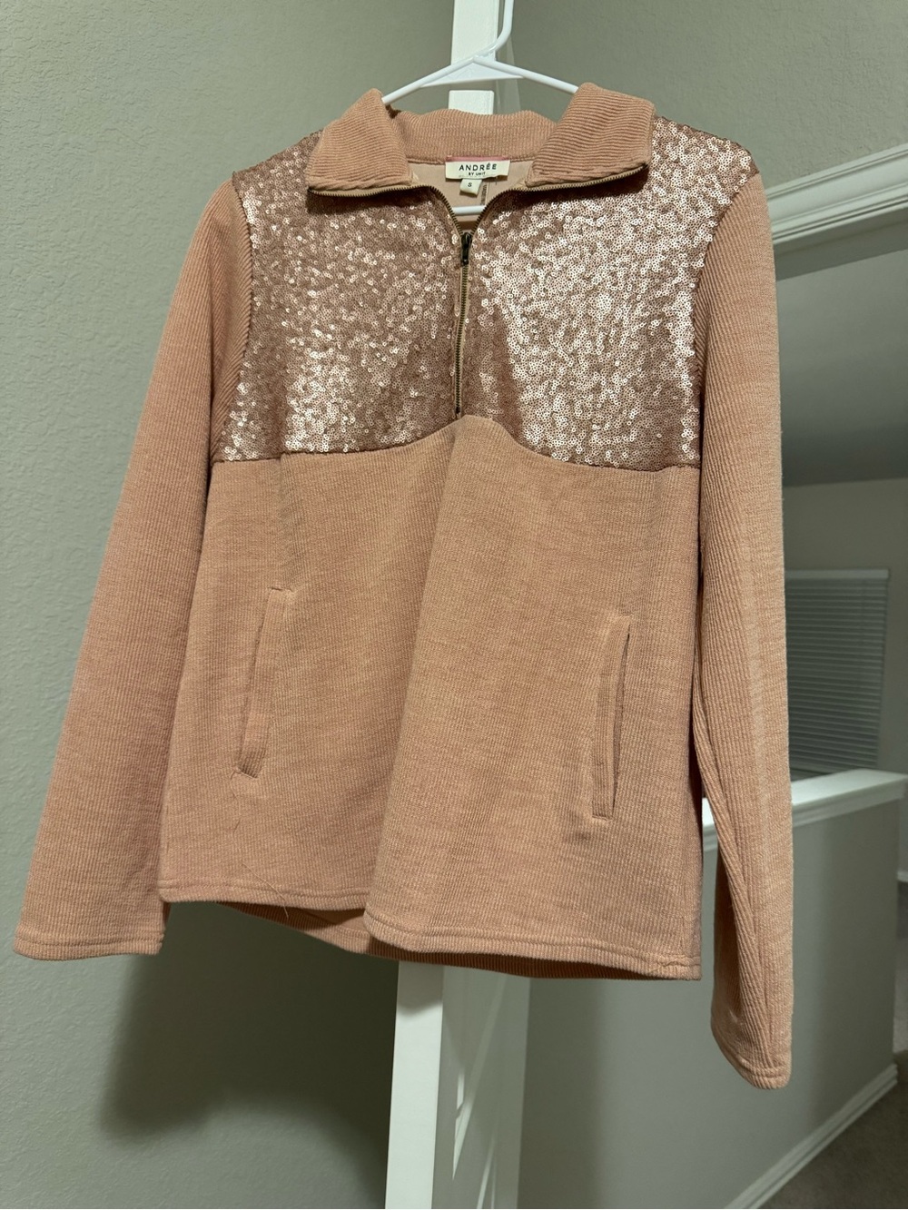ANDREE BY UNIT Sequin Yoke Half-Zip Pullover - Blush Tan